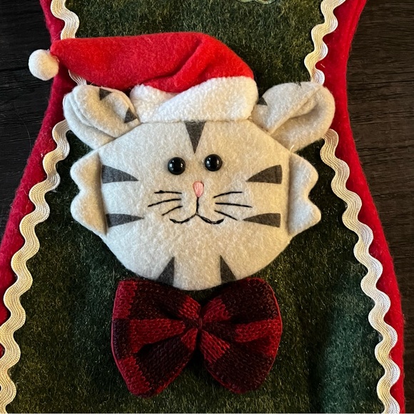 Cat Christmas Stocking Fish Shaped Felt Pet Kitty In Santa Hat & Bowtie 17.5" - Picture 7 of 7